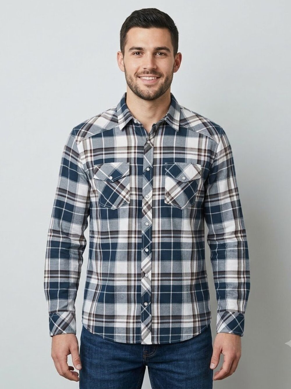 Reclaim Navy Blue White Plaid Button Down Shirt Large L Western Pearl Snap Relax